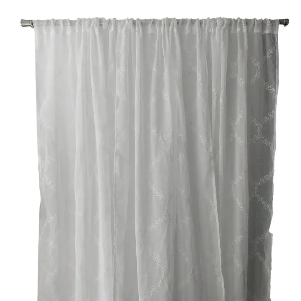 GORGEOUS WHITE EMBROIDERED ON WHITE BOTANICAL TRELLIS WINDOW CURTAINS, 3 PANELS!